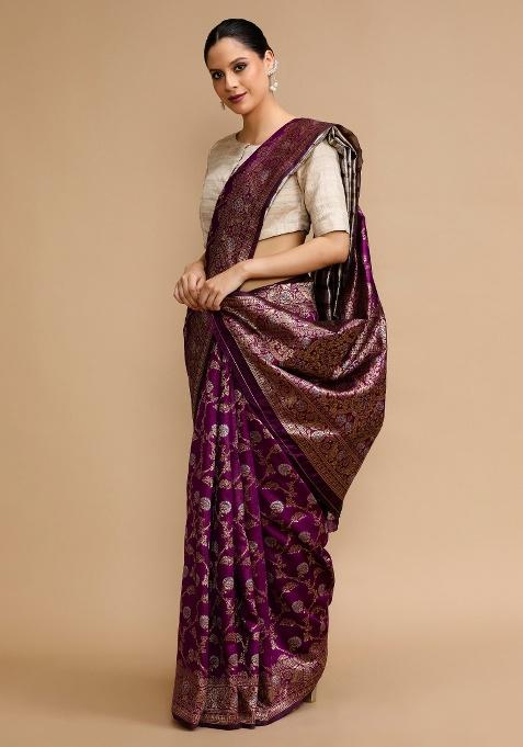 Purple Embroidered Silk Saree Set