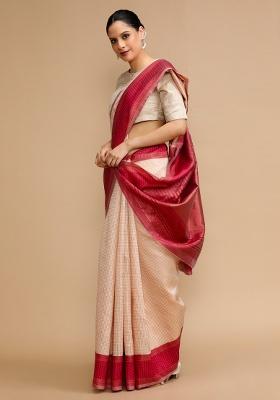 Cream Embroidered Silk Saree Set