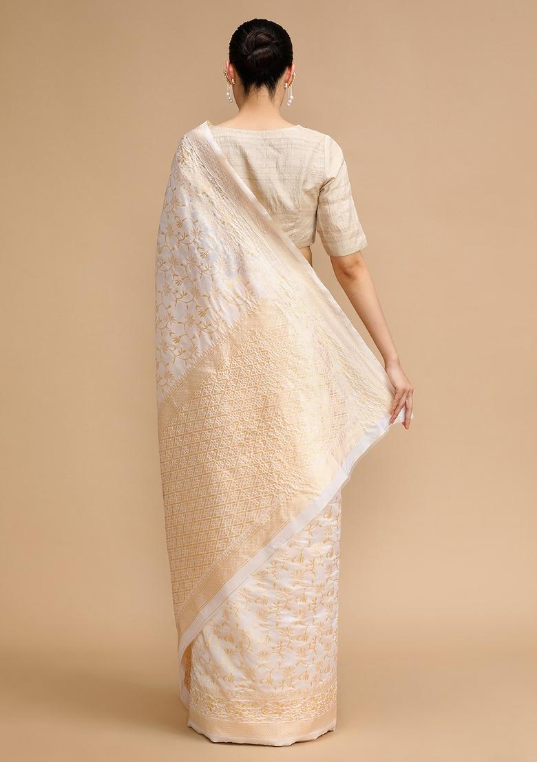 Off White Embroidered Silk Saree Set - Indya