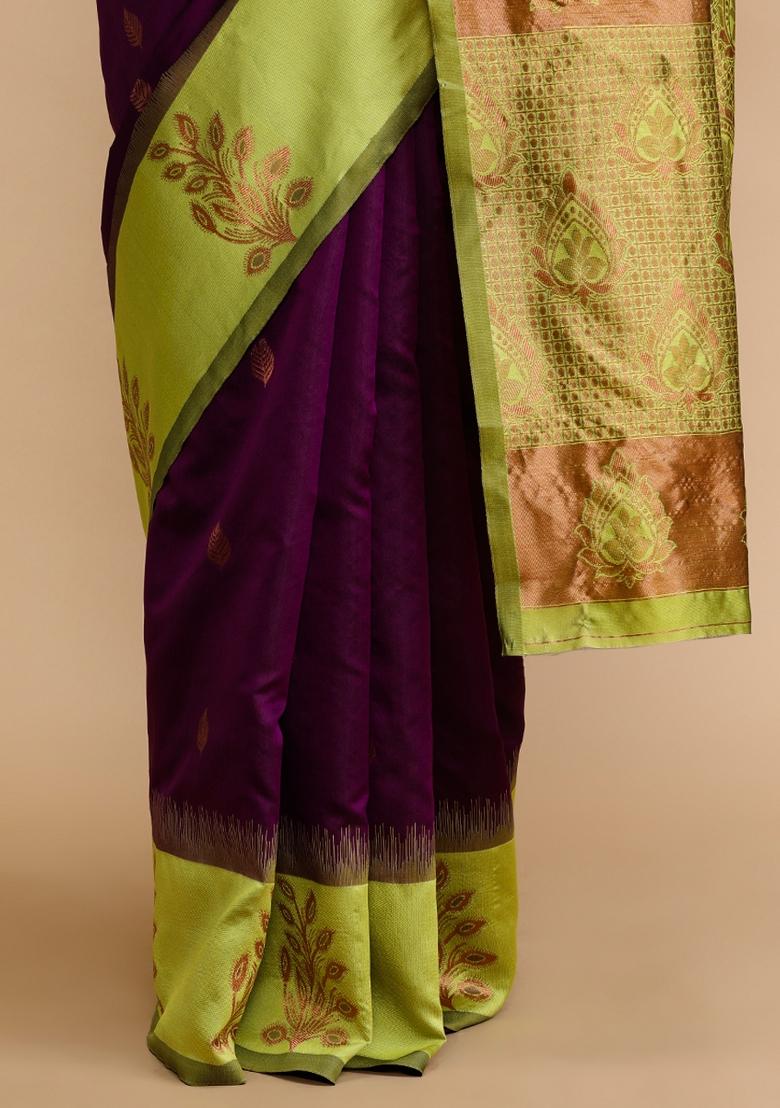 Wine Embroidered Silk Saree Set