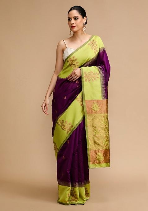 Wine Embroidered Silk Saree Set