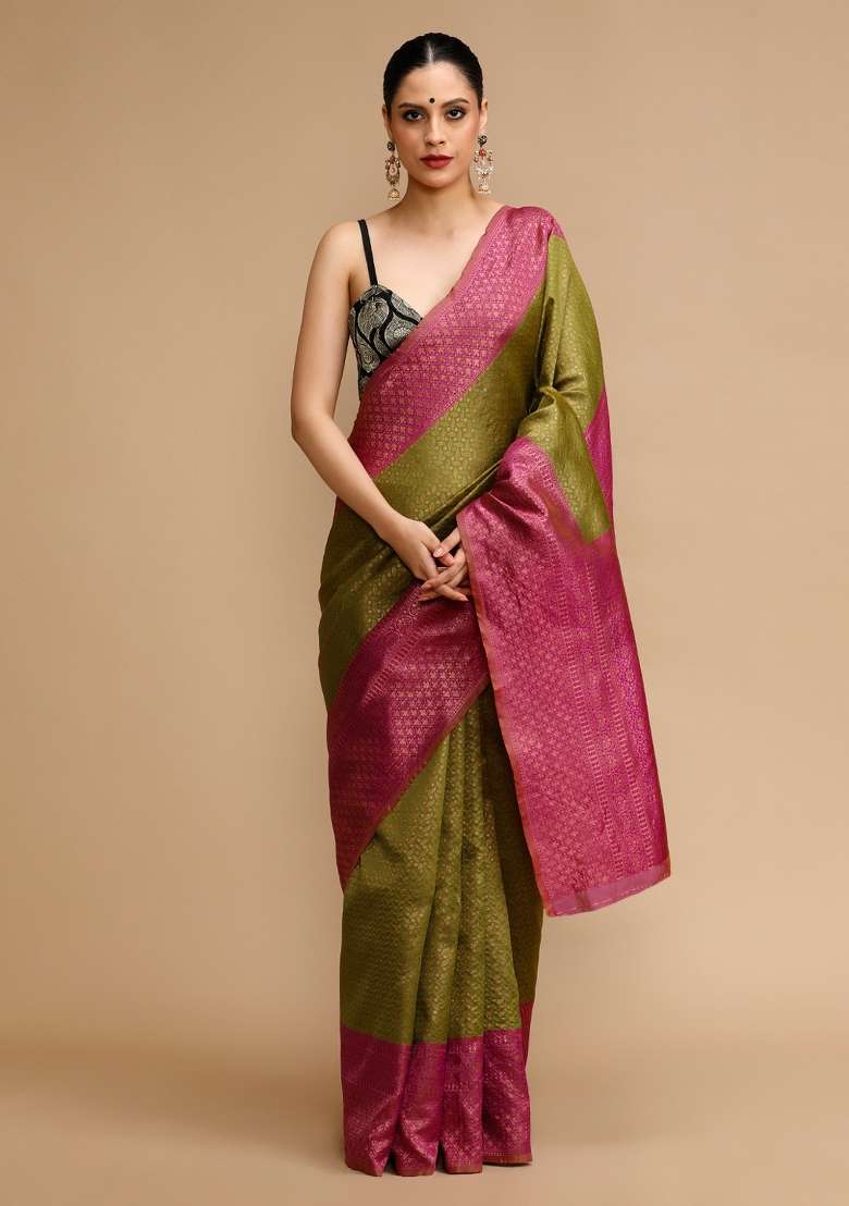 Parrot Green Silk Blend Saree Set with Embroidered for Diwali | Wedding & Festive Wear - Indya