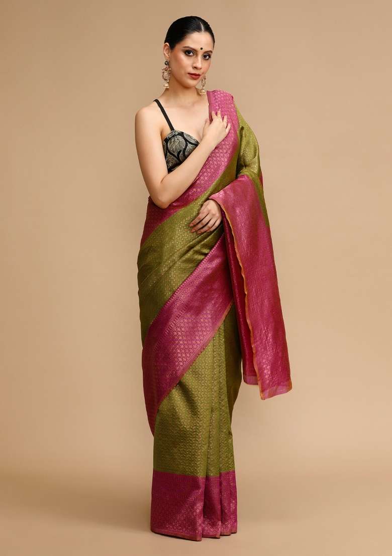 Parrot Green Silk Blend Saree Set with Embroidered for Diwali | Wedding & Festive Wear - Indya