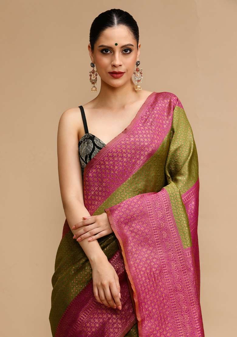 Parrot Green Silk Blend Saree Set with Embroidered for Diwali | Wedding & Festive Wear - Indya