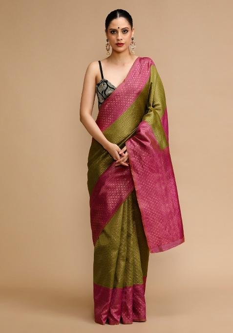 Parrot Green Embroidered Silk Saree Set