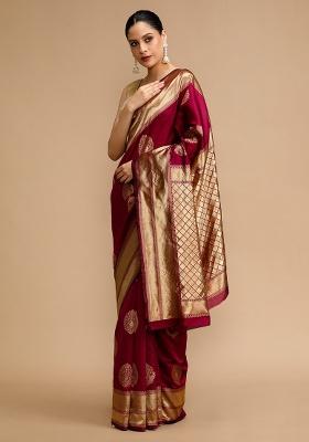 Wine Embroidered Silk Saree Set