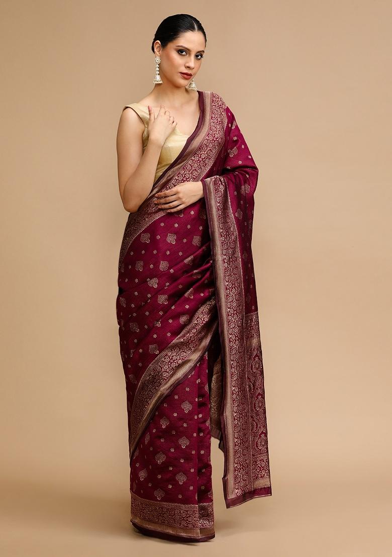 Wine Embroidered Silk Saree Set