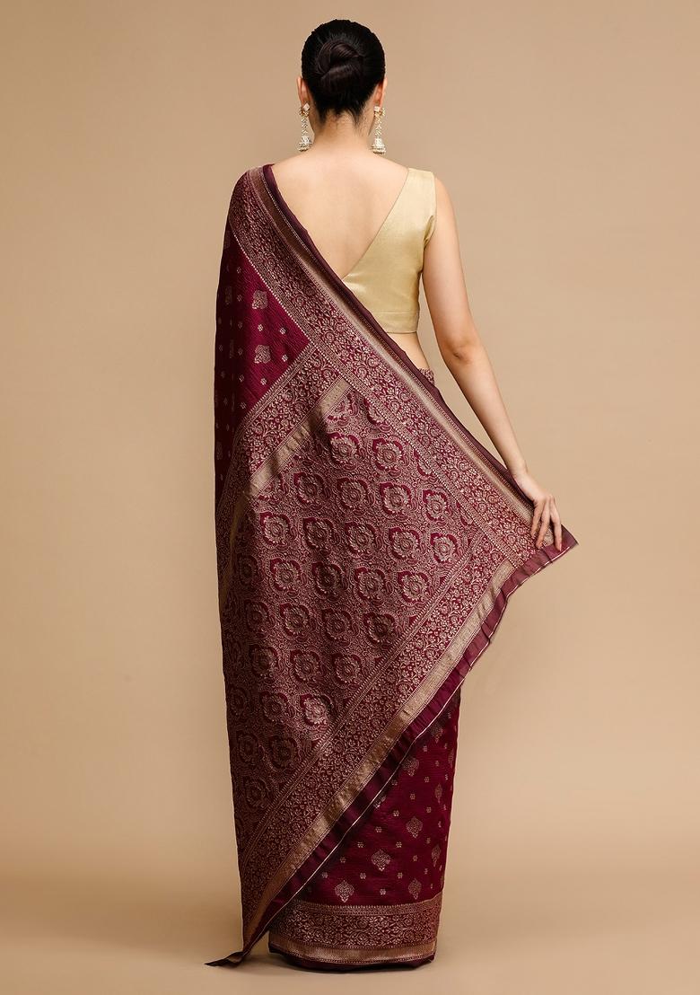 Wine Embroidered Silk Saree Set