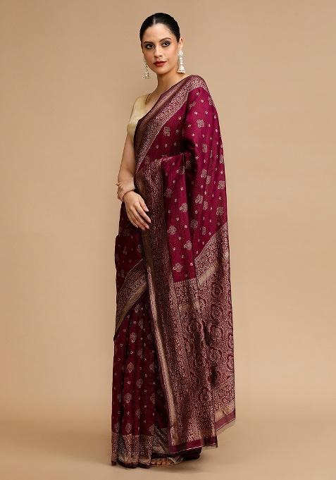 Wine Embroidered Silk Saree Set