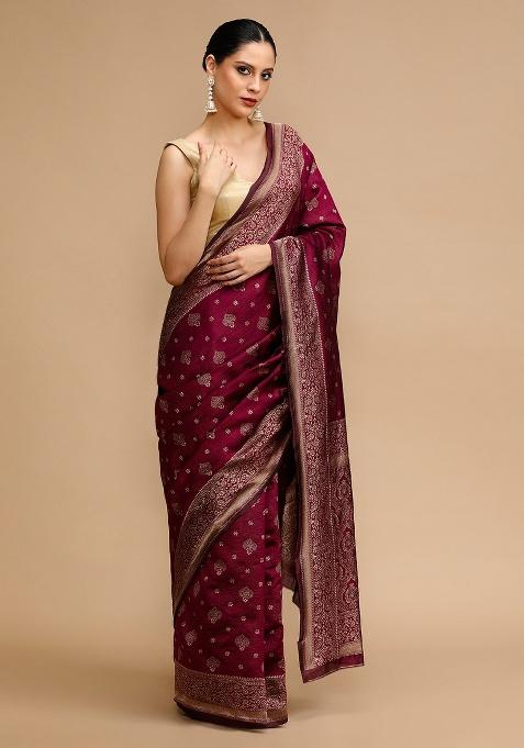 Wine Embroidered Silk Saree Set