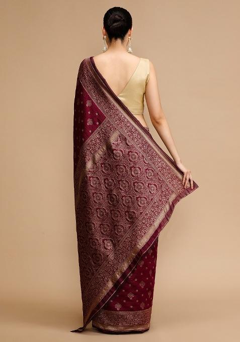 Wine Embroidered Silk Saree Set