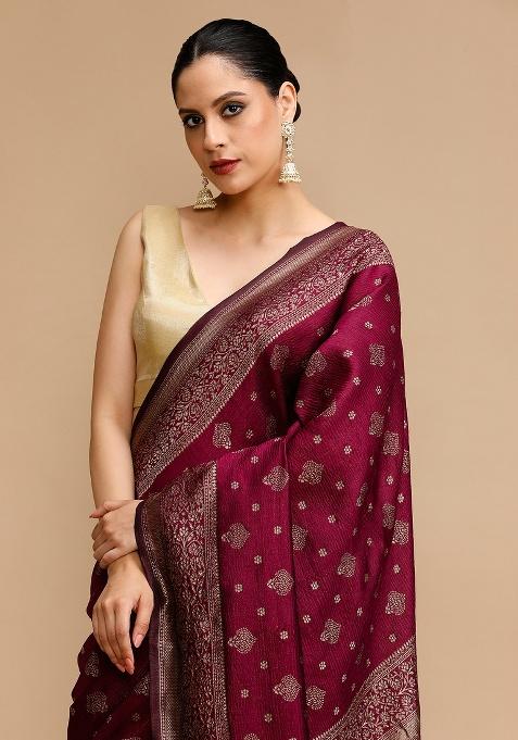 Wine Embroidered Silk Saree Set