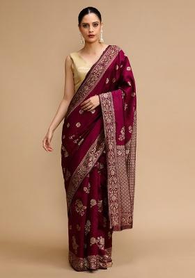 Wine Embroidered Silk Saree Set