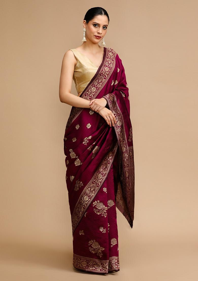Wine Embroidered Silk Saree Set