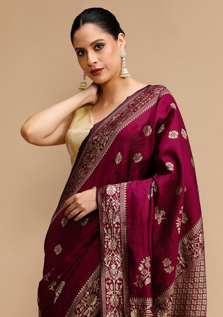 Wine Embroidered Silk Saree Set