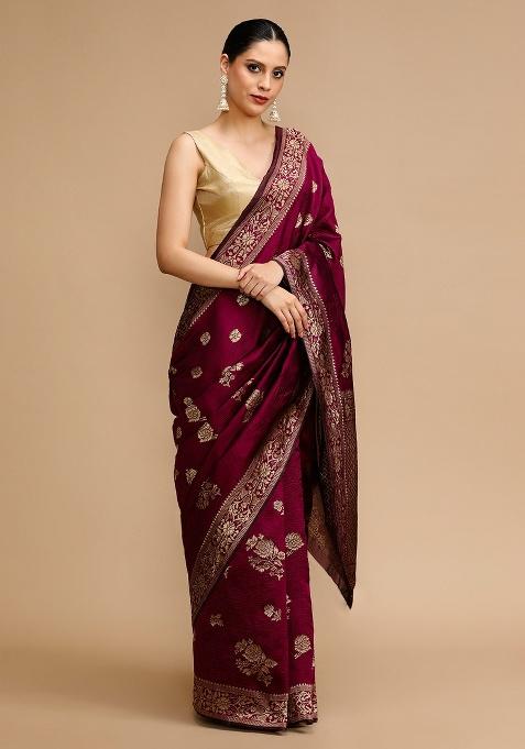 Wine Embroidered Silk Saree Set