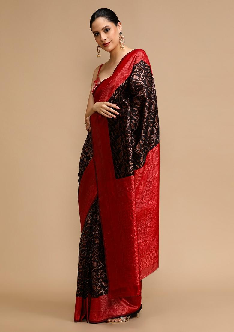 Black Embroidered Silk Saree Set - Indya