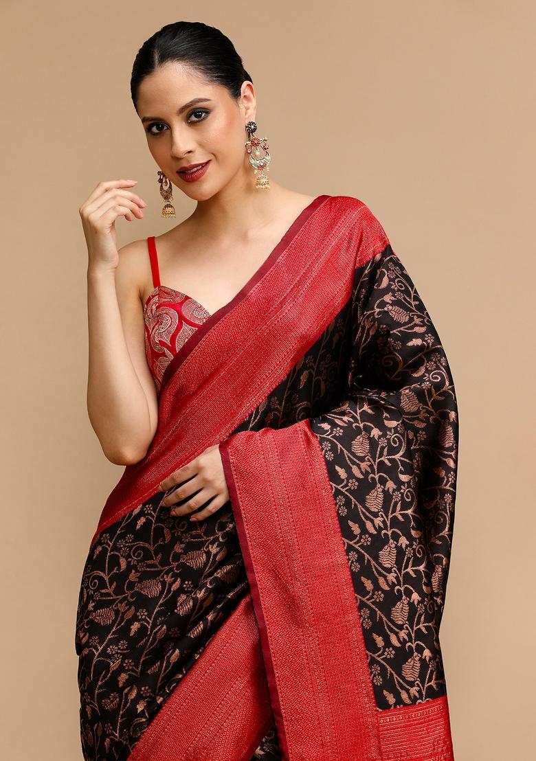 Black Embroidered Silk Saree Set - Indya