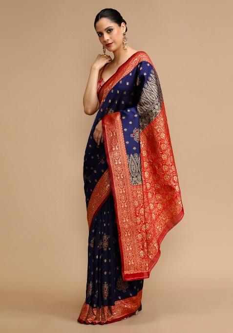 Blue Embroidered Silk Saree Set