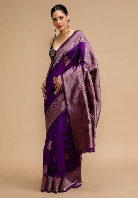 Purple Embroidered Silk Saree Set