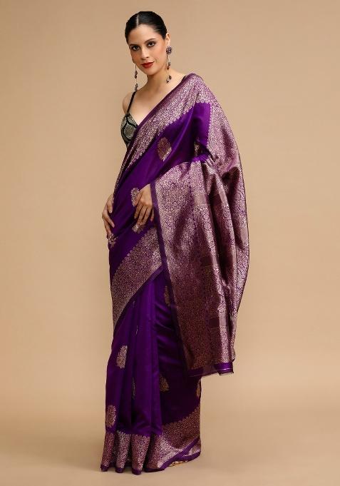 Purple Embroidered Silk Saree Set
