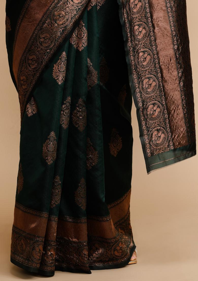 Green Embroidered Silk Saree Set - Indya