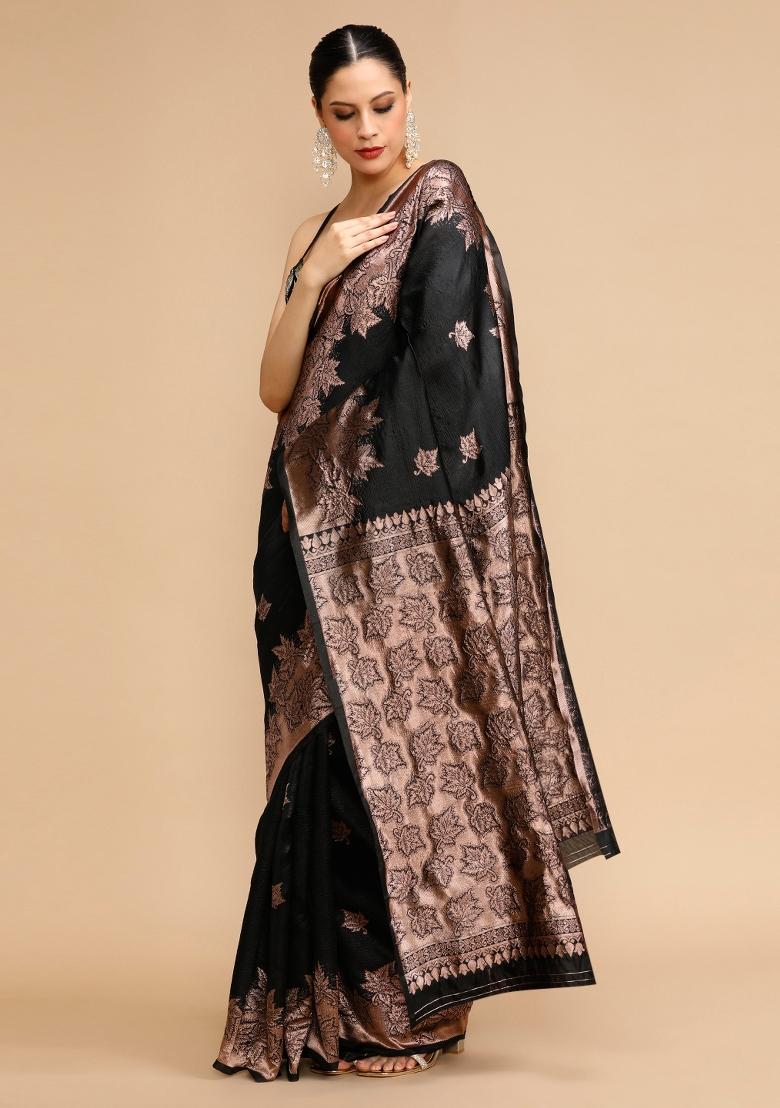 Black Embroidered Silk Saree Set - Indya