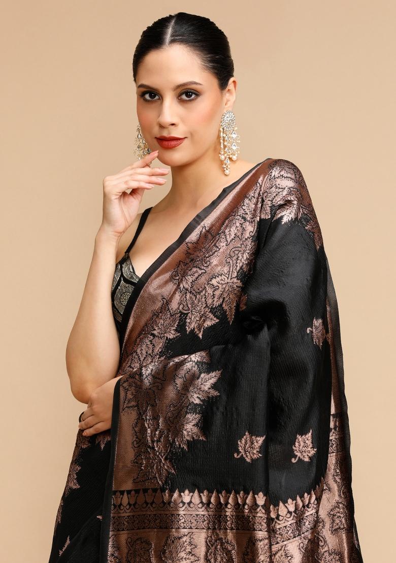 Black Embroidered Silk Saree Set - Indya