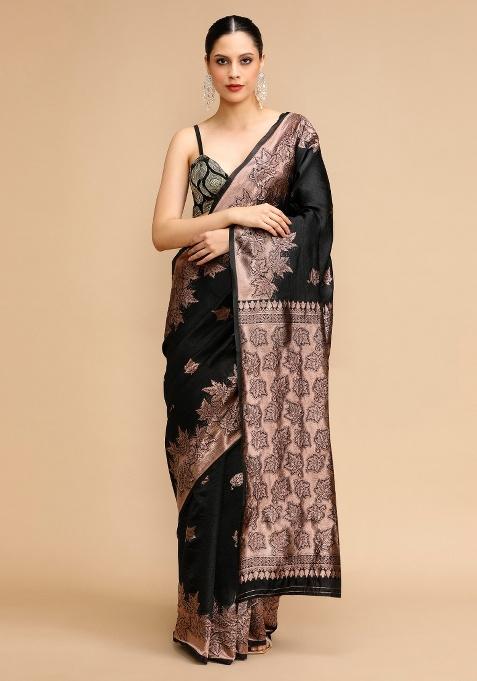 Black Embroidered Silk Saree Set