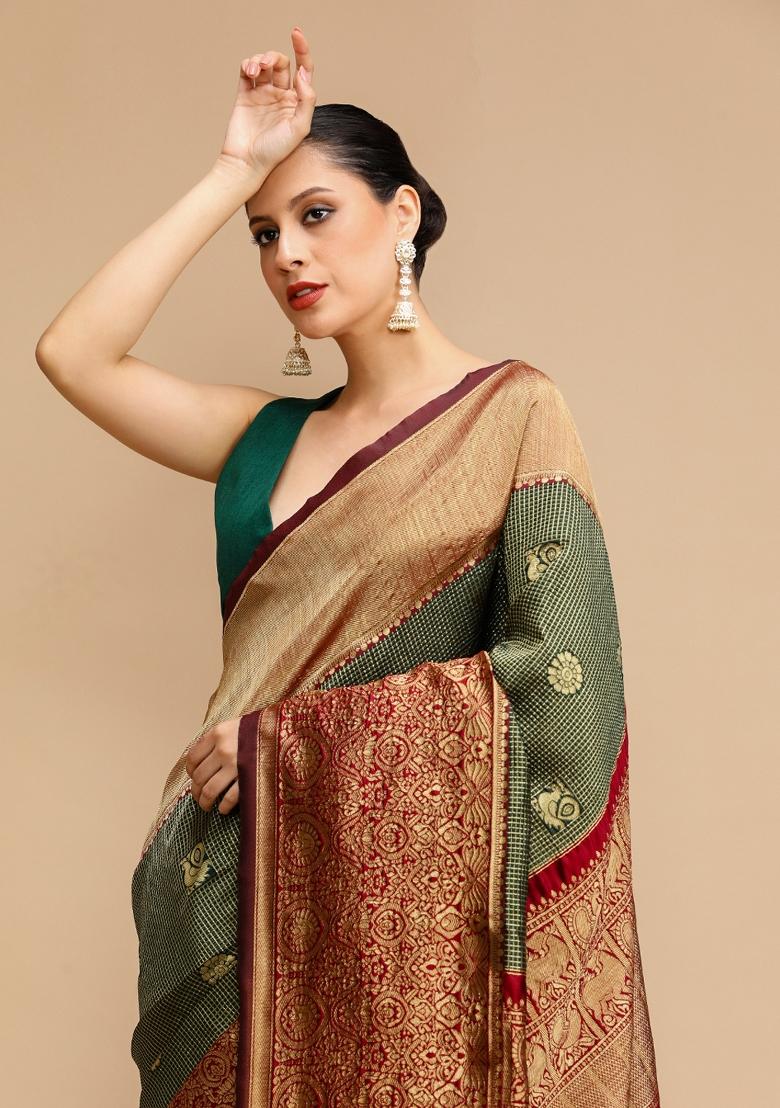 Green Embroidered Silk Saree Set - Indya