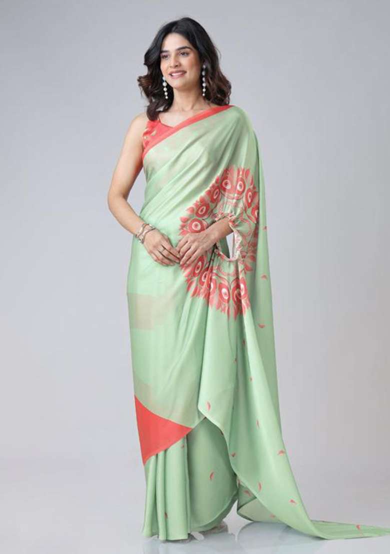 Green Printed Silk Saree Set - Indya
