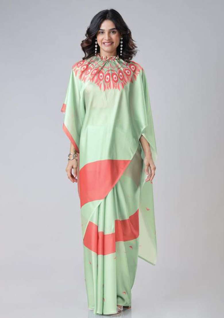 Green Printed Silk Saree Set - Indya