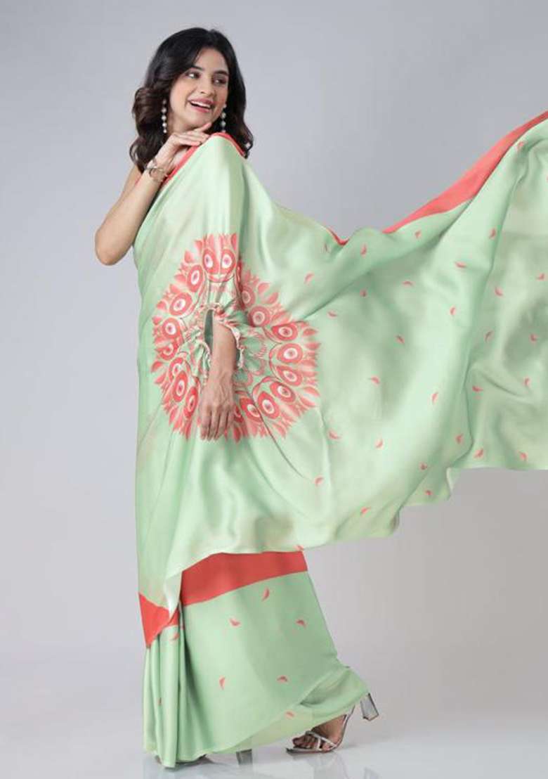 Green Printed Silk Saree Set - Indya