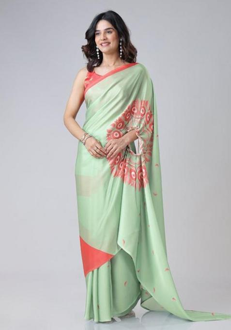 Green Printed Silk Saree Set