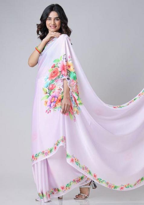 Lavender Printed Silk Saree Set