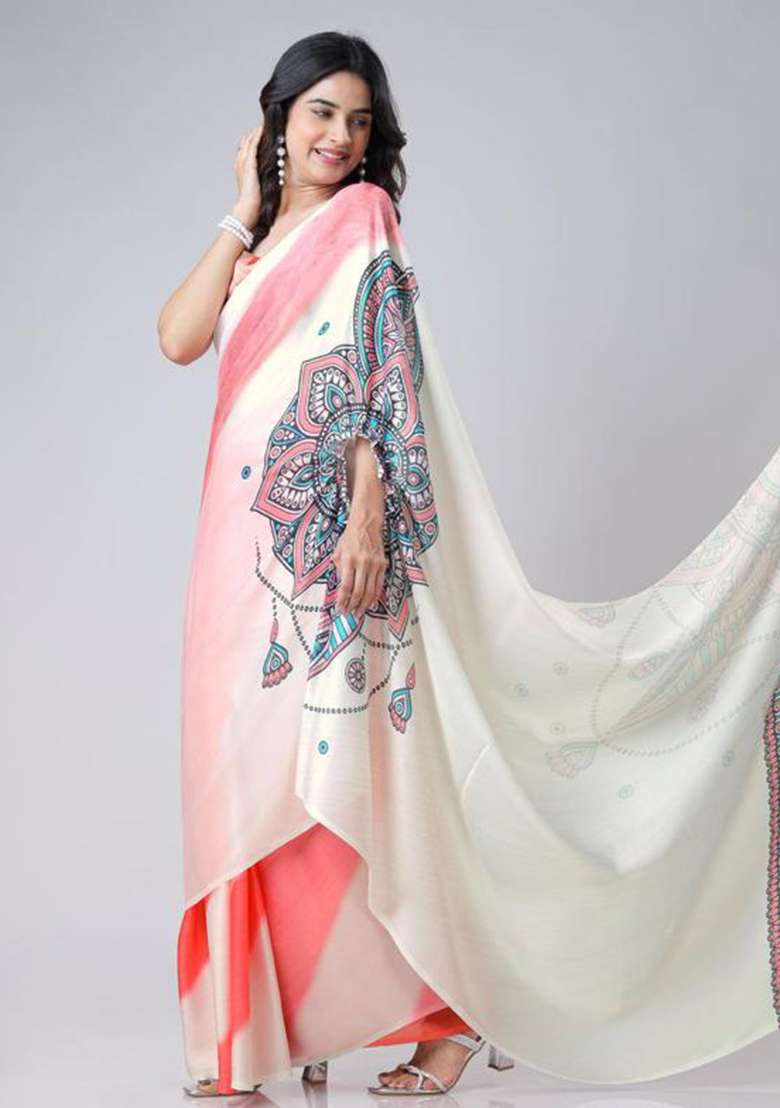 Coral And Cream Printed Silk Saree Set - Indya