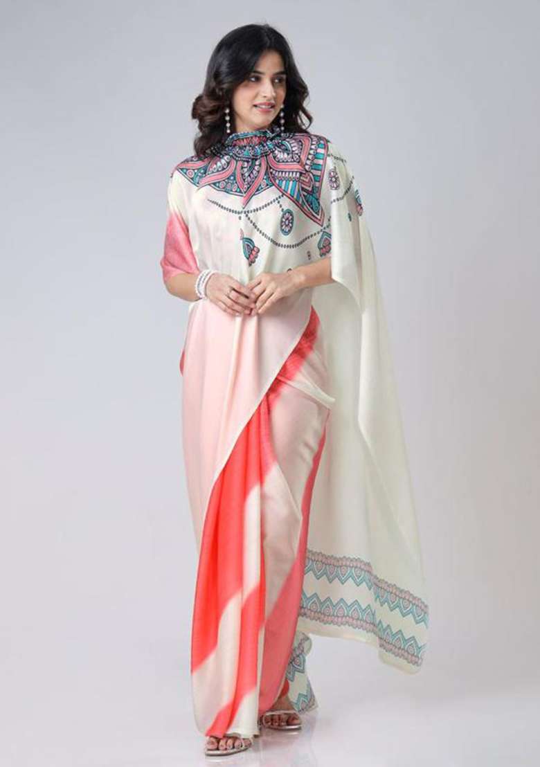 Coral And Cream Printed Silk Saree Set - Indya