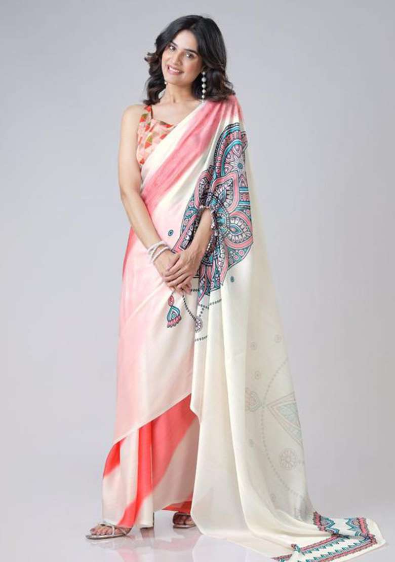 Coral And Cream Printed Silk Saree Set - Indya