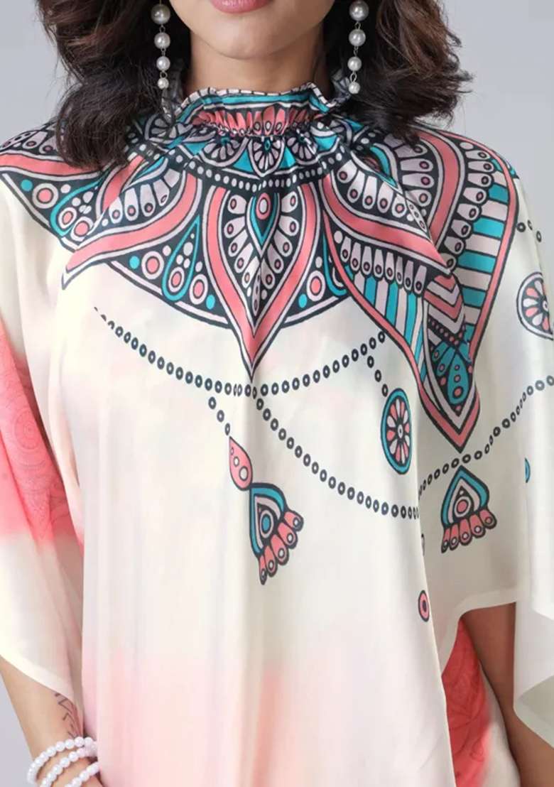 Coral And Cream Printed Silk Saree Set - Indya