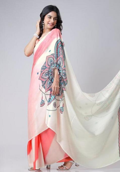 Coral And Cream Printed Silk Saree Set