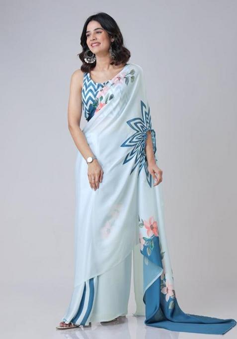 Blue Printed Silk Saree Set