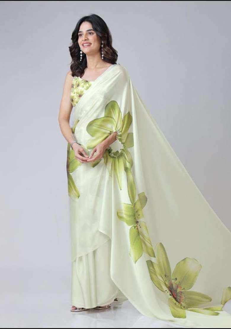 Green Printed Silk Saree Set - Indya