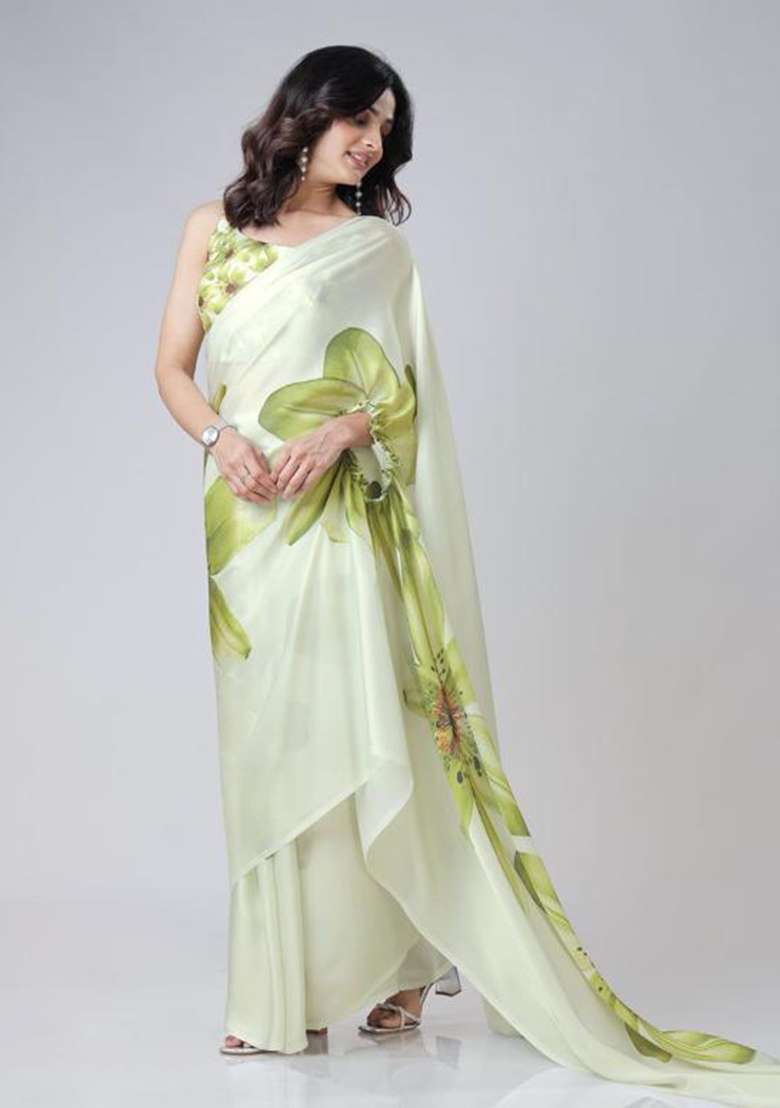 Green Printed Silk Saree Set - Indya