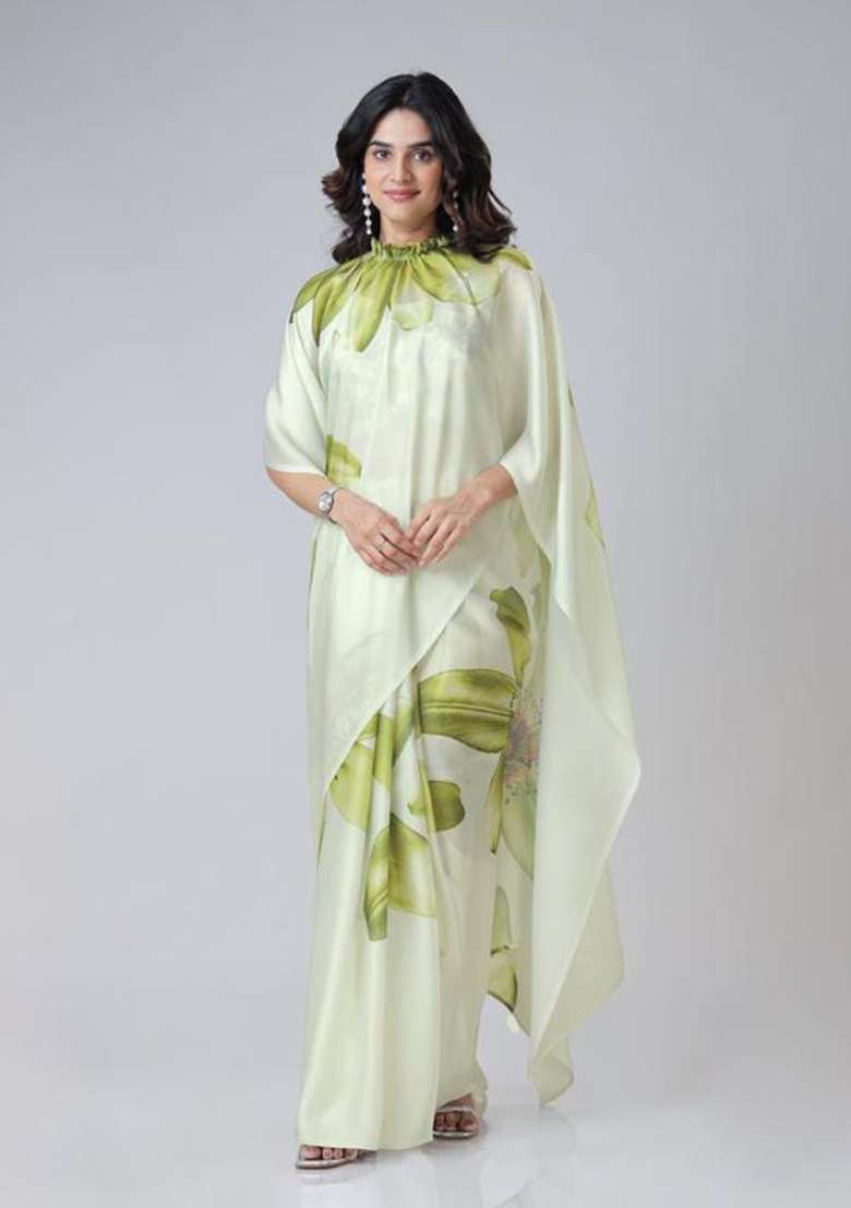 Green Printed Silk Saree Set - Indya