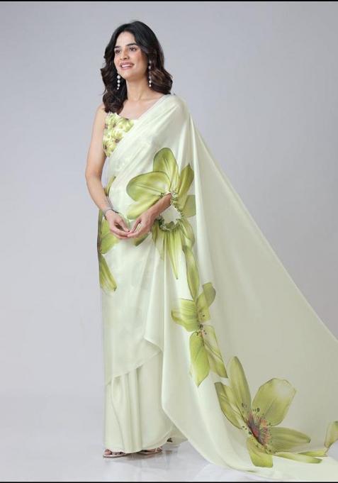 Green Printed Silk Saree Set