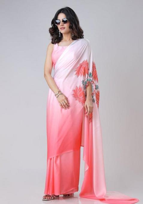 Pink And White Printed Silk Saree Set