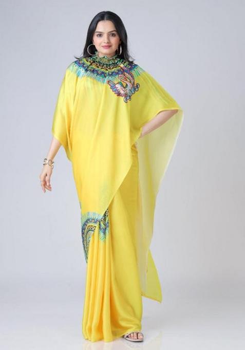Yellow Printed Silk Saree Set