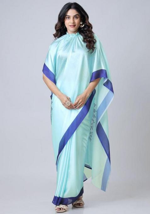 Blue Printed Silk Saree Set