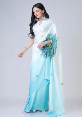 Blue Printed Silk Saree Set