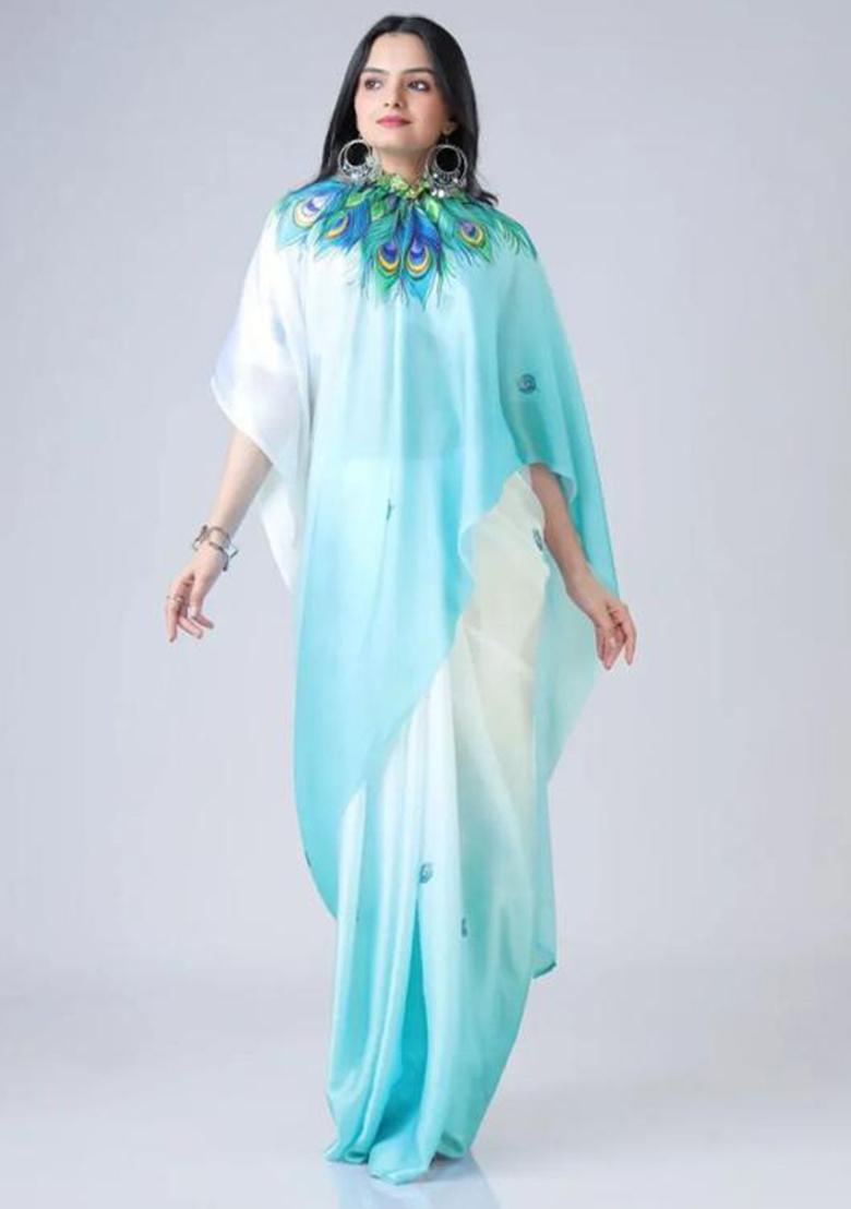 Blue Printed Silk Saree Set - Indya